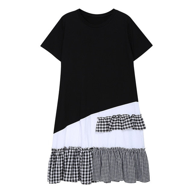 [EAM] Women Black Plaid Ruffles Stitch Midi Dress New Round Neck Short Sleeve Loose Fit Fashion Tide Spring Summer 2020 1W579