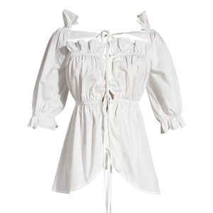 [EAM] Women White Bandage Pleated Ruffles Blouse New Slash Neck Half Sleeve Loose Fit Shirt Fashion Spring Summer 2020 1W569