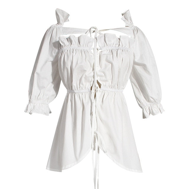 [EAM] Women White Bandage Pleated Ruffles Blouse New Slash Neck Half Sleeve Loose Fit Shirt Fashion Spring Summer 2020 1W569