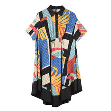 Load image into Gallery viewer, [EAM] Women Pattern Printed Irregular Shirt Dress New Lapel Short Sleeve Loose Fit Fashion Tide Spring Summer 2020 1W33905
