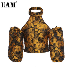 [EAM] Women Yellow Jacquard Off Shoulder Blouse New Lapel Long Sleeve Loose Fit Shirt Fashion Tide Spring Summer 2020 1X095