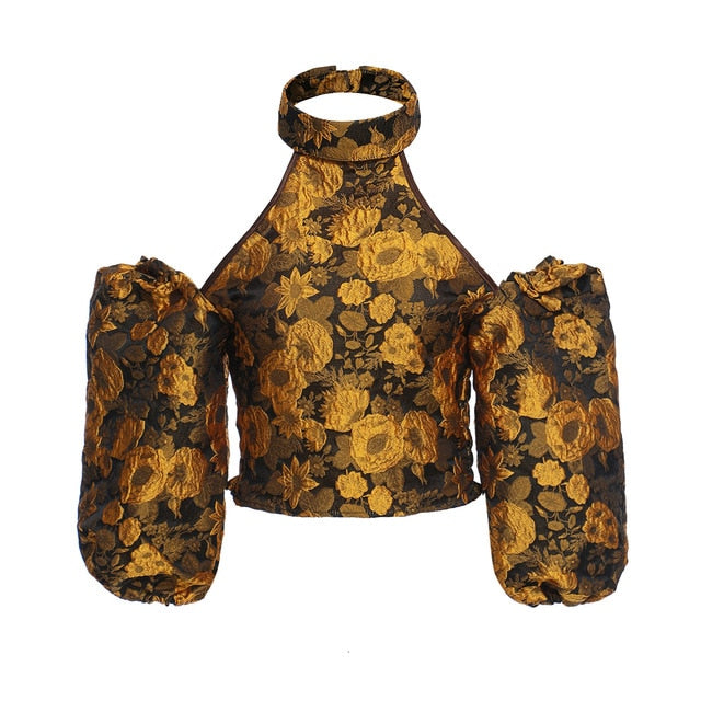 [EAM] Women Yellow Jacquard Off Shoulder Blouse New Lapel Long Sleeve Loose Fit Shirt Fashion Tide Spring Summer 2020 1X095