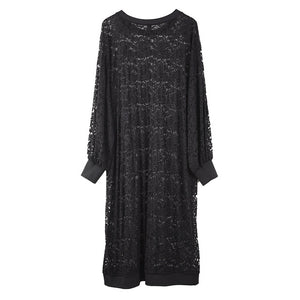 [EAM] Women Black Lace Hollow Out Long Big Size Dress New Round Neck Long Sleeve Loose Fit Fashion Tide Spring Summer 2020