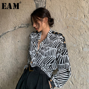 [EAM] Women White Pattern Printed Big Size Blouse New Stand Collar Long Sleeve Loose Fit Shirt Fashion Spring Autumn2020 1W480