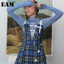 Load image into Gallery viewer, [EAM] Women Blue Plaid Bandage Long Spaghetti Strap Dress New Sleeveless Loose Fit Fashion Tide Spring Summer 2020 WF22505
