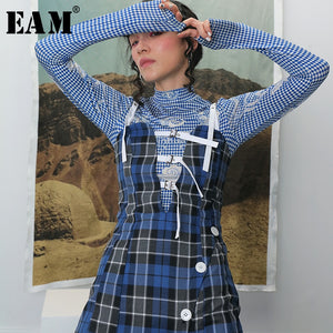 [EAM] Women Blue Plaid Bandage Long Spaghetti Strap Dress New Sleeveless Loose Fit Fashion Tide Spring Summer 2020 WF22505