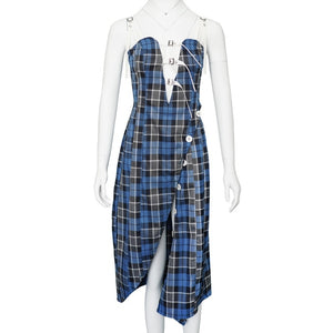 [EAM] Women Blue Plaid Bandage Long Spaghetti Strap Dress New Sleeveless Loose Fit Fashion Tide Spring Summer 2020 WF22505