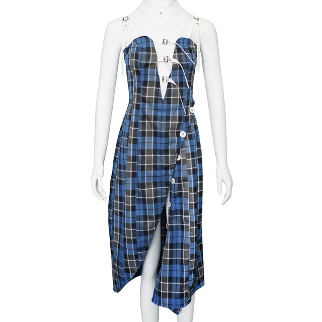 [EAM] Women Blue Plaid Bandage Long Spaghetti Strap Dress New Sleeveless Loose Fit Fashion Tide Spring Summer 2020 WF22505