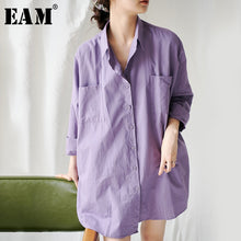 Load image into Gallery viewer, [EAM] Women Purple Big Pocket Big Size Blouse New Lapel Three-quarter Sleeve Loose Fit Shirt Fashion Spring Summer 2020 1W787
