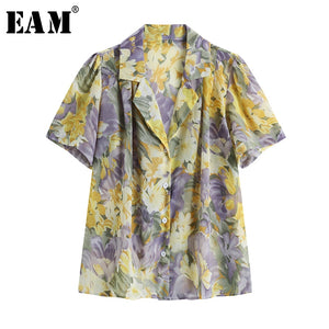 [EAM] Women Yellow Pattern Printed Chiffon Big Size Blouse New Lapel Short Sleeve Loose Shirt Fashion Spring Summer 2020 1W833