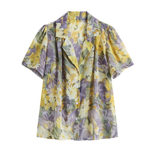 [EAM] Women Yellow Pattern Printed Chiffon Big Size Blouse New Lapel Short Sleeve Loose Shirt Fashion Spring Summer 2020 1W833