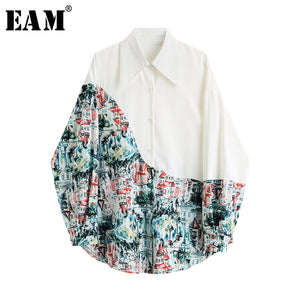 [EAM] Women White Pattern Printed Big Size Blouse New Lapel Long Sleeve Loose Fit Shirt Fashion Tide Spring Summer 2020 1U979