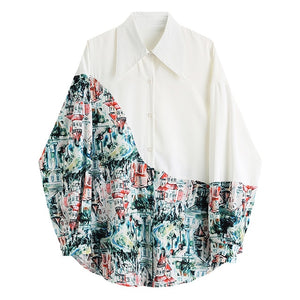 [EAM] Women White Pattern Printed Big Size Blouse New Lapel Long Sleeve Loose Fit Shirt Fashion Tide Spring Summer 2020 1U979