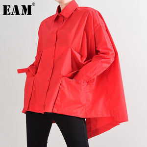 [EAM] Women Red Back Long Pocket Big Size Blouse New Lapel Long Sleeve Loose Fit Shirt Fashion Tide Spring Autumn 2020 1B23603