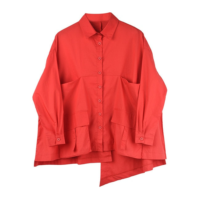 [EAM] Women Red Back Long Pocket Big Size Blouse New Lapel Long Sleeve Loose Fit Shirt Fashion Tide Spring Autumn 2020 1B23603