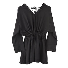 Load image into Gallery viewer, [EAM] Women Black Buckle Pleated Bandage Shirt Dress New V-Neck Long Sleeve Loose Fit Fashion Tide Spring Summer 2020 1U40201
