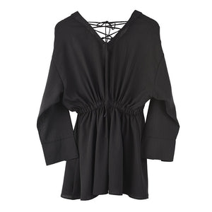 [EAM] Women Black Buckle Pleated Bandage Shirt Dress New V-Neck Long Sleeve Loose Fit Fashion Tide Spring Summer 2020 1U40201