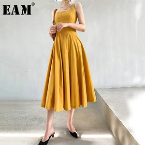 [EAM] Women Yellow Pleated Big Hem Elegant Long Dress New Round Neck Sleeveless Loose Fit Fashion Tide Spring Summer 2020 1W510