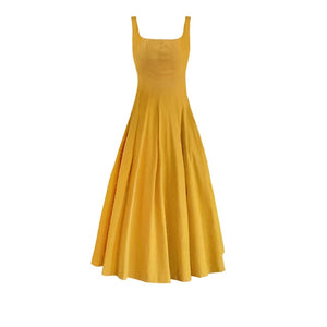 [EAM] Women Yellow Pleated Big Hem Elegant Long Dress New Round Neck Sleeveless Loose Fit Fashion Tide Spring Summer 2020 1W510