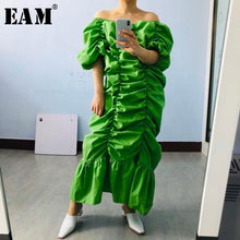 Load image into Gallery viewer, [EAM] Women green Pleated Split long Big Size Dress New Slash Neck Half Sleeve Loose Fit Fashion Spring Summer 2020 1T20105
