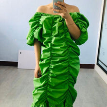 Load image into Gallery viewer, [EAM] Women green Pleated Split long Big Size Dress New Slash Neck Half Sleeve Loose Fit Fashion Spring Summer 2020 1T20105
