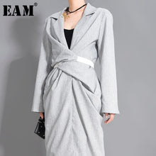 Load image into Gallery viewer, [EAM] Women Gray Knot Pleated Stitch Elegant Dress New V-collar Long Sleeve Loose Fit Fashion Tide Spring Autumn 2020 1W48502
