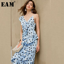 Load image into Gallery viewer, [EAM] Women Blue Dot Printed Ruffles Elegant Dress New V-collar Sleeveles Loose Fit Fashion Tide Spring Summer 2020 1X629
