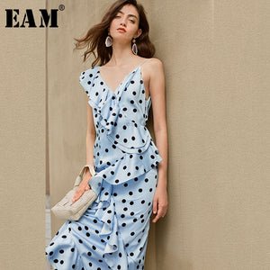 [EAM] Women Blue Dot Printed Ruffles Elegant Dress New V-collar Sleeveles Loose Fit Fashion Tide Spring Summer 2020 1X629