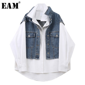 [EAM] Women White Irregular Denim  Big Size Blouse New Lapel Long Sleeve Loose Fit Shirt Fashion Tide Spring Summer 2020 1X255