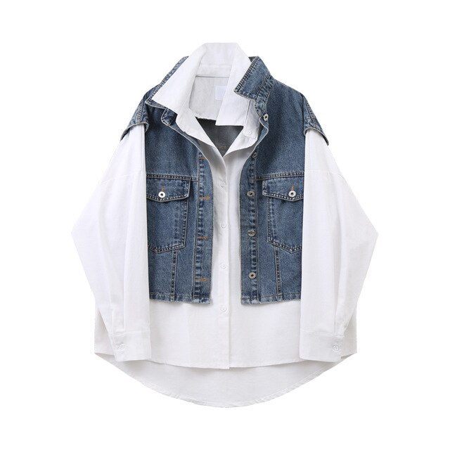 [EAM] Women White Irregular Denim  Big Size Blouse New Lapel Long Sleeve Loose Fit Shirt Fashion Tide Spring Summer 2020 1X255