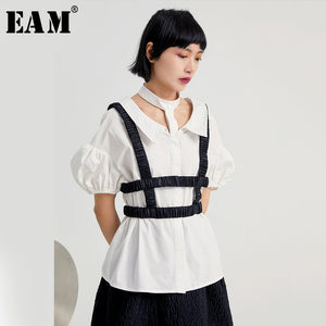 [EAM] Women White Hollow Out Split Blouse New Lapel Short Puff Sleeve Loose Fit Shirt Fashion Tide Spring Summer 2020 1U615