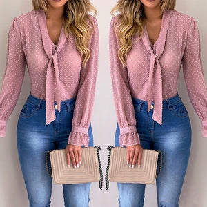 Women New Fashion Elegant Chiffon Blouses Long Sleeve V-neck Shirt Office Blouse Slim Casual Tops Female Polka Dot Top