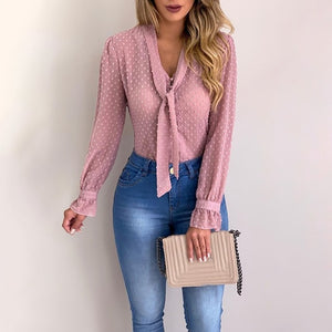 Women New Fashion Elegant Chiffon Blouses Long Sleeve V-neck Shirt Office Blouse Slim Casual Tops Female Polka Dot Top