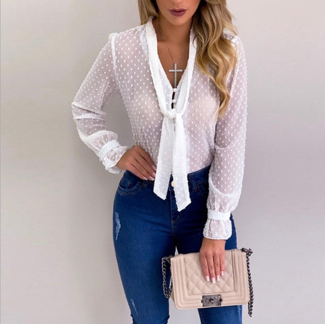 Women New Fashion Elegant Chiffon Blouses Long Sleeve V-neck Shirt Office Blouse Slim Casual Tops Female Polka Dot Top