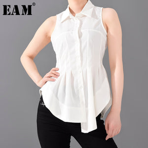 [EAM] Women White Pleated Irregular Stitch Blouse New Lapel Sleeveless Loose Fit Shirt Fashion Tide Spring Summer 2020 1T97600