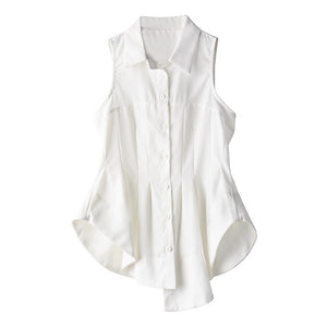 [EAM] Women White Pleated Irregular Stitch Blouse New Lapel Sleeveless Loose Fit Shirt Fashion Tide Spring Summer 2020 1T97600