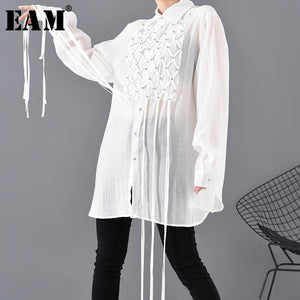 [EAM] Women White Rhinestone Tassels Big Size Blouse New Lapel Long Sleeve Loose Fit Shirt Fashion Spring Autumn 2020 JX70400