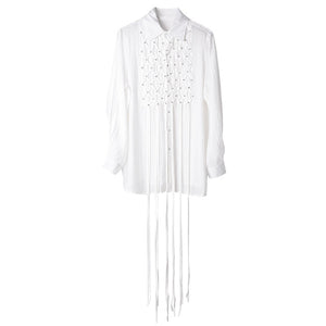 [EAM] Women White Rhinestone Tassels Big Size Blouse New Lapel Long Sleeve Loose Fit Shirt Fashion Spring Autumn 2020 JX70400