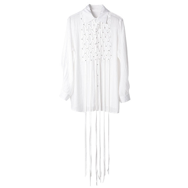 [EAM] Women White Rhinestone Tassels Big Size Blouse New Lapel Long Sleeve Loose Fit Shirt Fashion Spring Autumn 2020 JX70400