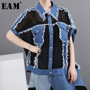 [EAM] Women Black Mesh Perspective Big Size Denim Blouse New Lapel Sleeveless Loose Fit Shirt Fashion Spring Summer 2020 1W919