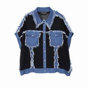 [EAM] Women Black Mesh Perspective Big Size Denim Blouse New Lapel Sleeveless Loose Fit Shirt Fashion Spring Summer 2020 1W919