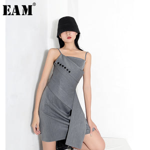 [EAM] Women Gray Botton Irregular Stitch Spaghetti Strap Dress New Sleeveless Loose Fit Fashion Tide Spring Summer 2020 1Y382