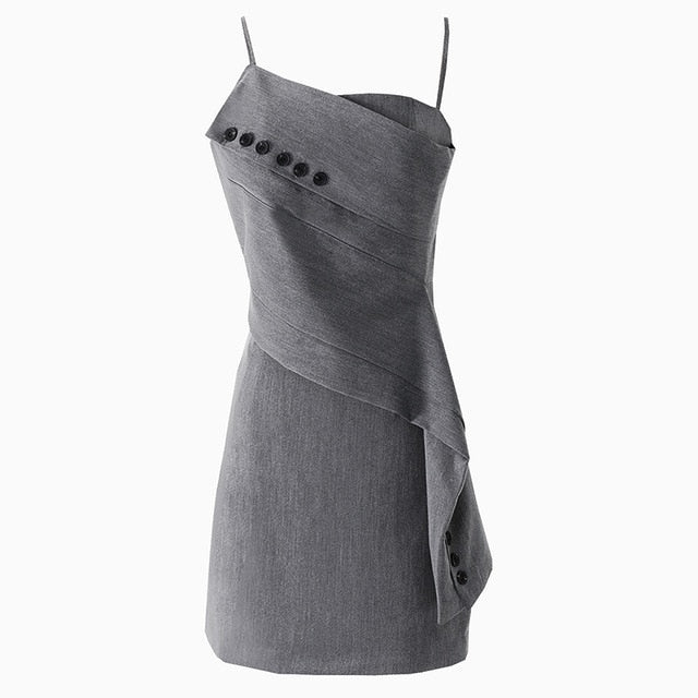 [EAM] Women Gray Botton Irregular Stitch Spaghetti Strap Dress New Sleeveless Loose Fit Fashion Tide Spring Summer 2020 1Y382