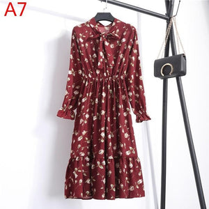 Plus Size 2020 Women Autumn Dresses Bohemian Long Sleeve Chiffon Shirt  Dress White Bow Floral Boho Club Party Dress Winter 3XL