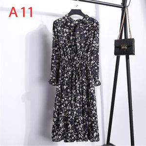 Plus Size 2020 Women Autumn Dresses Bohemian Long Sleeve Chiffon Shirt  Dress White Bow Floral Boho Club Party Dress Winter 3XL