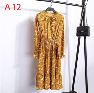 Plus Size 2020 Women Autumn Dresses Bohemian Long Sleeve Chiffon Shirt  Dress White Bow Floral Boho Club Party Dress Winter 3XL