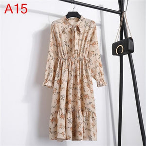 Plus Size 2020 Women Autumn Dresses Bohemian Long Sleeve Chiffon Shirt  Dress White Bow Floral Boho Club Party Dress Winter 3XL