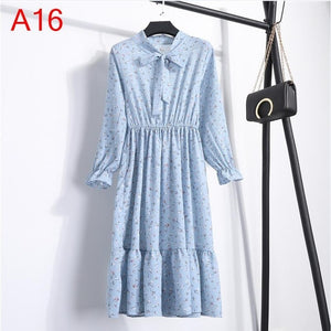 Plus Size 2020 Women Autumn Dresses Bohemian Long Sleeve Chiffon Shirt  Dress White Bow Floral Boho Club Party Dress Winter 3XL