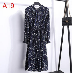 Plus Size 2020 Women Autumn Dresses Bohemian Long Sleeve Chiffon Shirt  Dress White Bow Floral Boho Club Party Dress Winter 3XL