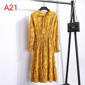 Plus Size 2020 Women Autumn Dresses Bohemian Long Sleeve Chiffon Shirt  Dress White Bow Floral Boho Club Party Dress Winter 3XL